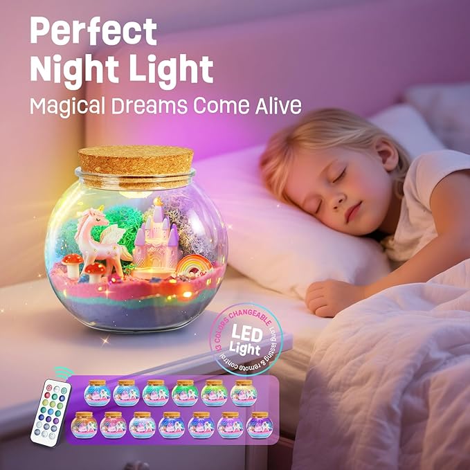 Unicorn Gifts for Girls - Light Up Terrarium Kit for Kids - DIY Unicorn Toys for Girls Age 4 5 6 7 8-12 Year Old, Arts and Crafts Kit for Kids, Halloween Birthday Christmas Gifts