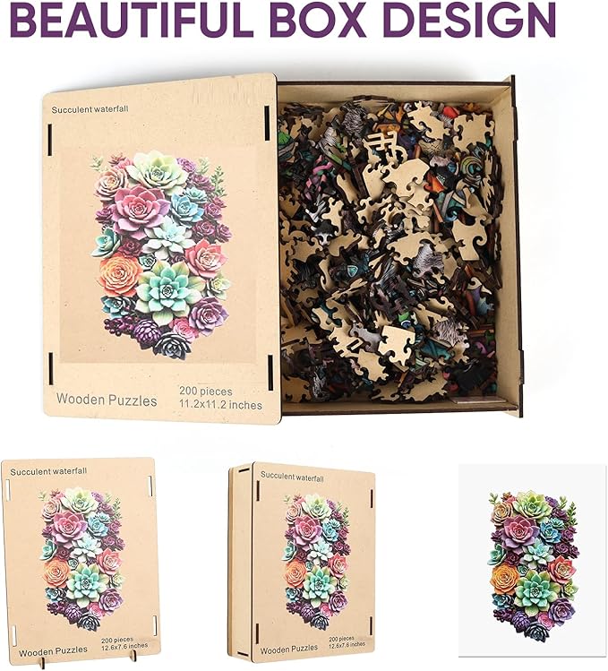 Wooden Jigsaw Puzzle, 200 Pcs Unique 3D Shape Jigsaw Puzzles, Wood Puzzle Gift Box Packing, Medium Size Letter, Creative Gift for Adults and Kids, Fun Challenging (EA4Succulent, 200PCS)