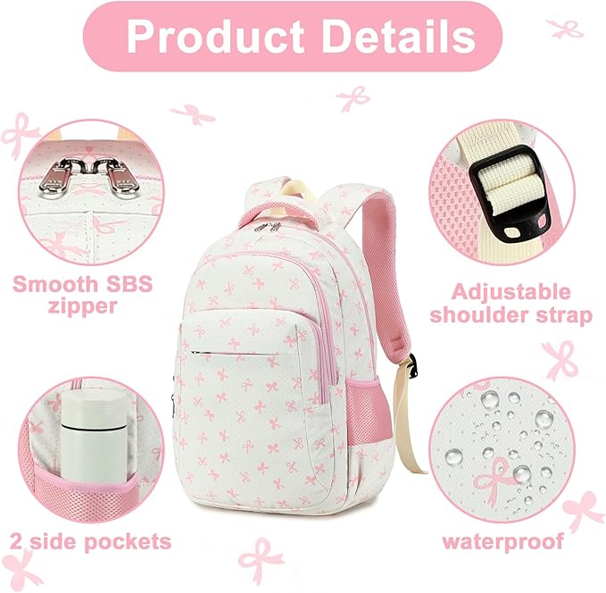 LEDAOU School Backpack for Girls Kids Bookbag Elementary Middle School Bag for 8-14 (Pink Bow)