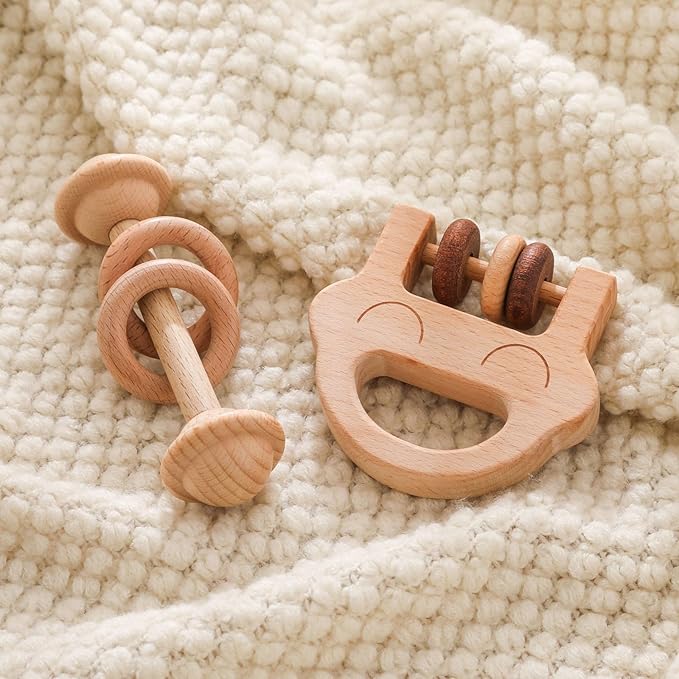 Wooden Baby Rattle, Newborn Wooden Rattle Toy, Natural Wooden Montessori Baby Grip Toy, Baby Gift Toy, Wooden Rattle Set 2PCS