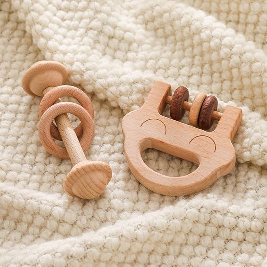 Wooden Baby Rattle, Newborn Wooden Rattle Toy, Natural Wooden Montessori Baby Grip Toy, Baby Gift Toy, Wooden Rattle Set 2PCS
