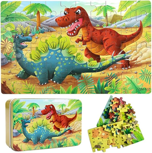 Wooden Puzzles for Ages 4-6, Educational Puzzles Toys for Kids, Jigsaw Puzzles in Metal Box, 60 Piece Puzzle Toys for Girls and Boys, Puzzle Gifts for Kids (Dinosaur)