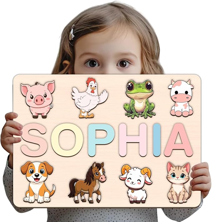 LOVELYPOD Personalized Name Puzzle for Kids, Custom Name Puzzles for Toddlers 1-3 Animal Puzzle, Customized 1st Birthday for Girls & Boys Wooden Toys for Kids, for New Baby - Style 3