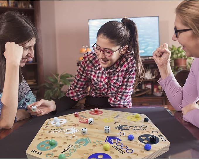 Original Marble Game Wahoo Board Game 20-Inch Double Side Painted Wooden Fast Track Board Game for 6 Player and 4 Player, 6 Colors 36 Glass Marbles 8 Dice for Family Game Night, Friends Party