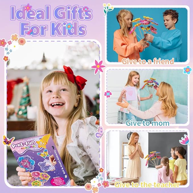 Britik Arts and Crafts for Kids Ages 8-12: Poke in Fun Art Kits for Girls, Poke Art Flower Bouquet Craft Kit, Fabric Arts for Kids DIY Flower Bouquet Kit Birthday Gift for Girls Ages 8 9 10 11 12