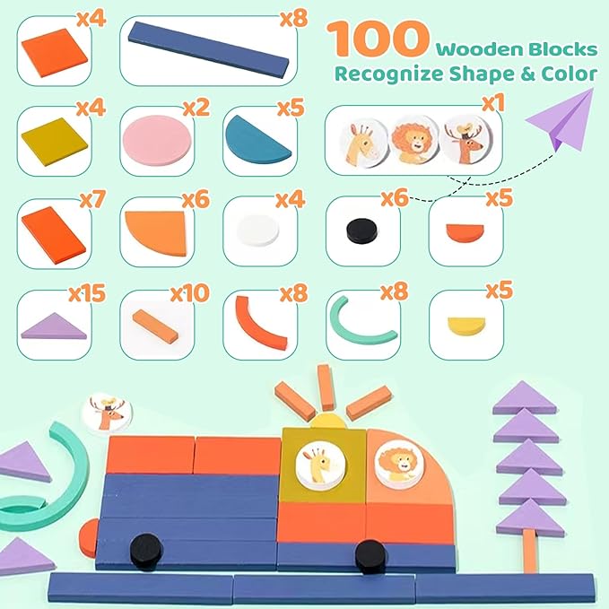 Wooden Shape Puzzles for Toddlers 3+ Years Old，Wooden Pattern Blocks Set Montessori Toys, Back to School, Preschool Education Activity STEM Gift for 3 4 5 Years Old Kids (100 PCS)