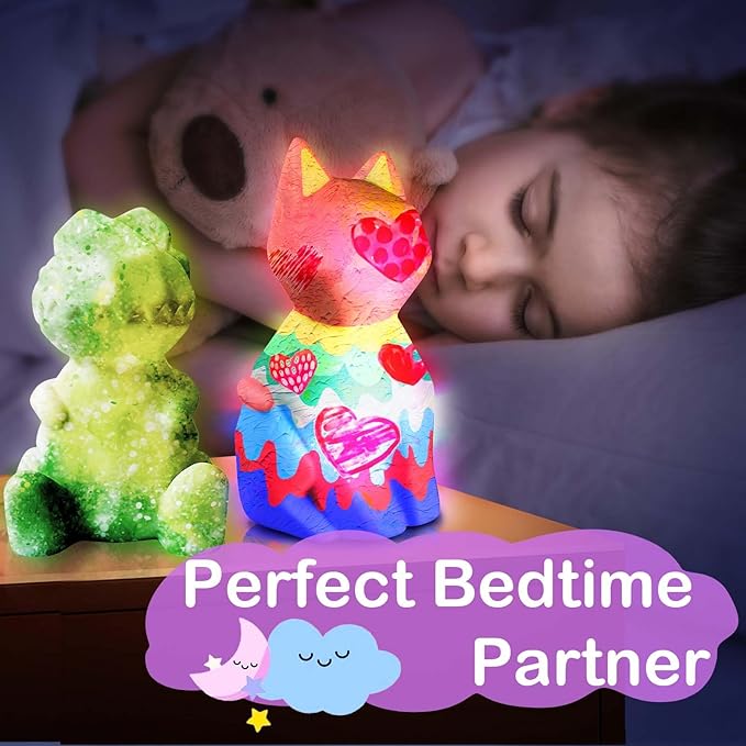 Goodyking Paint Your Own Cat & Dinosaur Lamp Art Kit 2pcs, DIY Night Light, Christmas Crafts for Teens, Painting Kit for Girls Boys Age 4 5 6 7 8+, Art Supplies Cat Craft Gift for Birthday, Party
