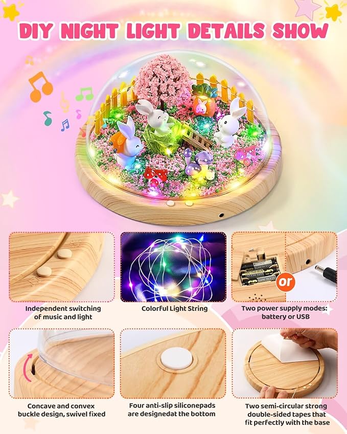 Laclun Bunny Toys for Girls, Make Your Own Rabbit Night Light with Music,Arts and Crafts for Kids,3 4 5 6 7 8 9 10 Year Old Girl Birthday Gifts,Ideal Christmas Gifts Best Toy