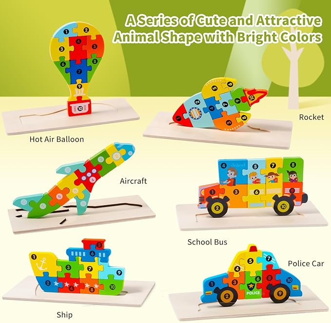 6 Pack Wooden Vehicle Toddler Puzzles for Kids Ages 3 4 5 6, Baby Montessori Toys for Kids Age 3 Years+, Transport Vehicles Learning Jigsaw Toys for Boy Girl Ideal Gift