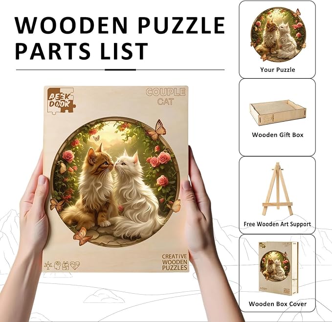 Wooden Puzzles for Adults - Couple Cat Wood Puzzles Adult - Unique Animal Shape Wooden Jigsaw Puzzles for Adults - Birthday Gifts for Puzzle Lovers, Family (L-13.3 * 13.3in)