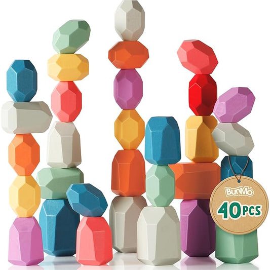 BUNMO 40pcs Wooden Stacking Toys - Montessori Educational Blocks for Toddlers, Non-Toxic, Safe, and Durable for Kids’ Creative Play and Learning