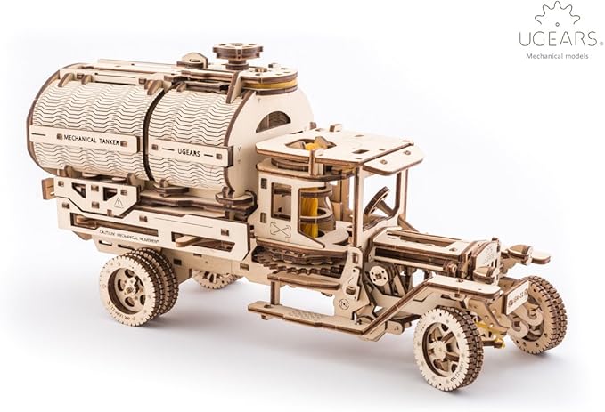 Ugears Tanker Mechanical Model Kit - DIY 3D Wooden Puzzles for Adults Truck with Working Engine - Moving 3D Puzzle Building Kits with Can Holder - Adult Puzzle Gift for Fathers Day - 594 Pcs