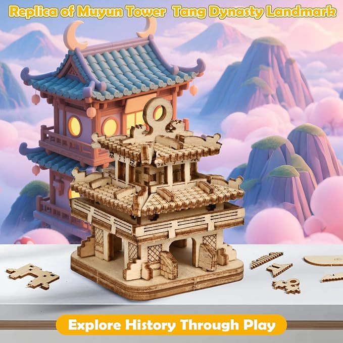 3D Wooden Puzzle for Adults - Chinese Architecture Building Kit (86PCS Cloud Tower), DIY Model Kit, Cool Desk Decor, No Glue Needed Gift for Men & Teens 14+