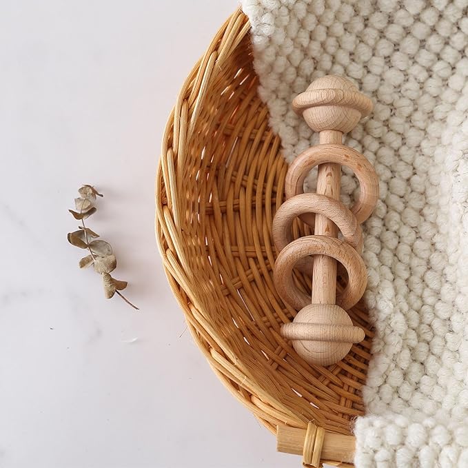 Wooden Baby Rattle, Newborn Wooden Rattle Toy, Natural Wooden Montessori Baby Grip 3 Ring Toy, Baby Gift Toy, Wood Rattle-2