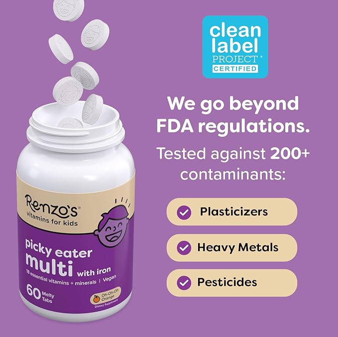 Renzo's Picky Eater Kids Multivitamin with Iron, Dissolving Kids Vitamins with Vitamin D3 and K2 and More, 60 Sugar-Free Melty Tabs, Oh-Oh-Oh Orange Flavor