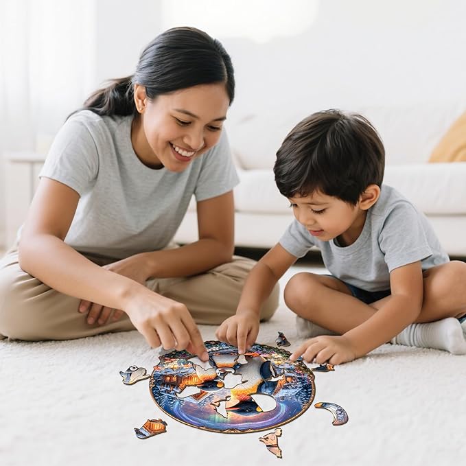 Wooden Puzzles for Adults - Aurora Penguins Wooden Jigsaw Puzzle 95 pcs - Unique Animal Shape Wood Cut Puzzles - Eco-Friendly Home Office Decor (8.4 * 8.4in)