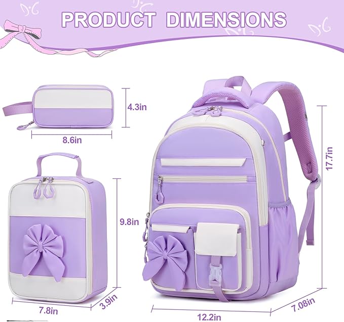 Backpack for Girls, 3PCS Girls Backpack for School with Lunch Bag Pencil Case, Cute Kids Teens Bookbag for Kindergarten Elementary Preschool Middle School (Purple)