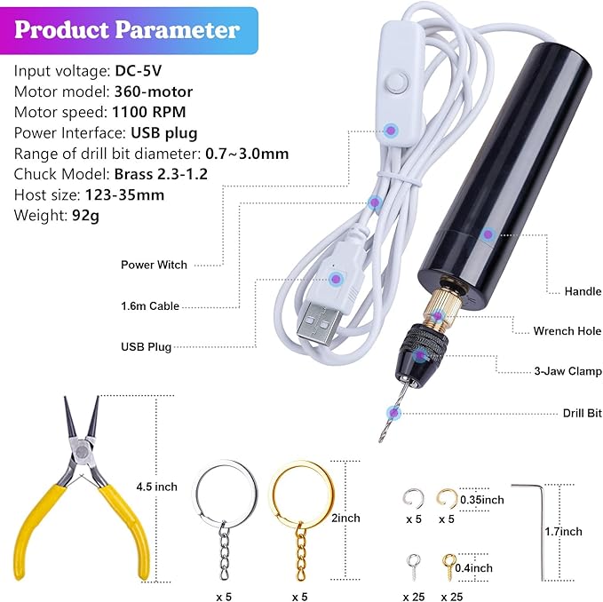 LET'S RESIN Electric Drill, 74Pcs Hand Drill with 3-Jaw Clamp-Applicable to A Larger Drilling Range (0-3mm), Grip Nose Pliers, Keychain Making Kit, Jewelry Making Kit, Jewelry tools, for Resin