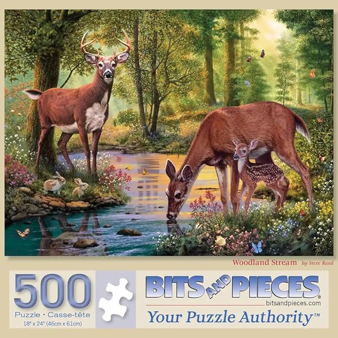 Bits and Pieces – 500 Piece Jigsaw Puzzle for Adults – Woodland Stream - Deer Stream Forest Tree Flower Nature Water Animals Woods Jigsaw Puzzle by Artist Steve Read, Completed Puzzle Size: 18" x 24"