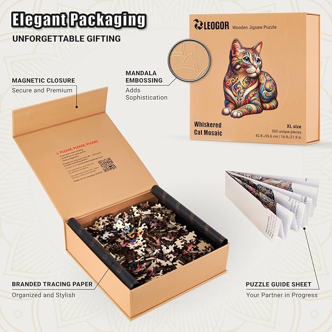 LEOGOR Wooden Puzzles for Adults 500 Piece (16.8 x 21.9 in), Mosaic Cat Jigsaw Puzzle, Extra-Thick 5mm Wood Puzzle Adult, Unique Animal Shaped Pieces, Challenging Large Brain Teaser Puzzle for Adults