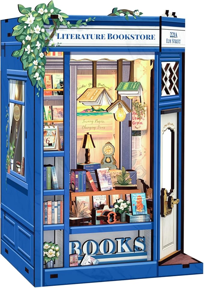 CUTEBEE DIY Book Nook Kit, Miniature House Kits for Adult and Teens, DIY Miniature Book Nook kit with Sensor Led Light, Gifts for Lovers and Family (Literature Bookstore)