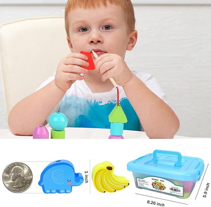 46 PCS Montessori Wooden Lacing Beads Toys for Toddlers,Educational Stringing Animals Fruits Farm Threading Beads Preschool Learning Toys for Kids 3 4 5 6 Year Old Boys Girls…