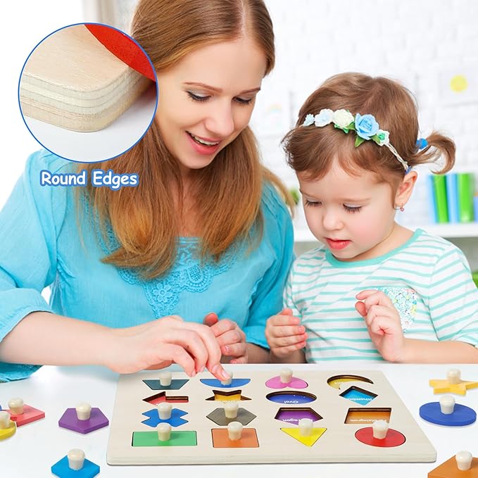 Wooden Shape Peg Puzzles for Toddlers 1 2 3 Year Old, Toddler Learning Toys Shape Sorter Color Match Montessori Toys Educational Puzzles for Toddlers 2-4 Easter Birthday for Girls