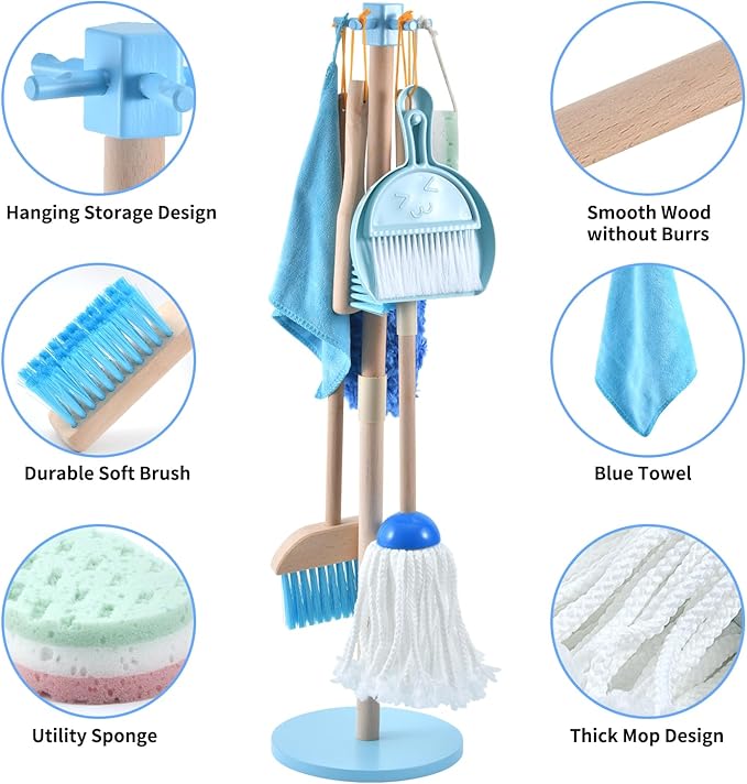 WHOHOLL Wooden Toddler Cleaning Set, Blue Toys Montessori Toys for 3+ Years Old Boy, Housekeeping Play Set Includes Broom Mop Duster Dustpan Sponge and Organizing Stand, STEM Skill Developmental Gift