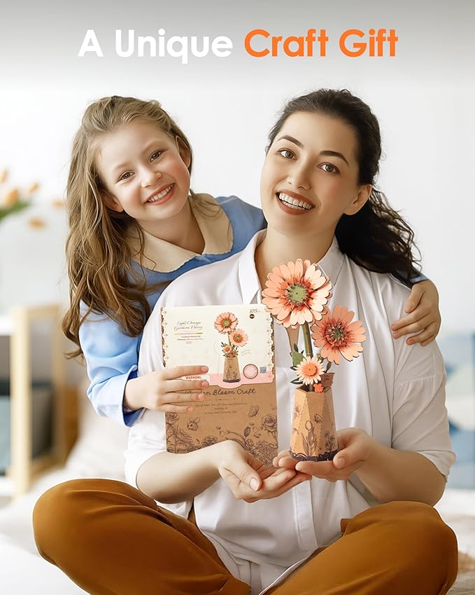 rowood 3D Puzzles for Adults,DIY Wooden Flower Building Craft Kits for Women,Christmas/Birthday Gift- Orange Gerbera Daisy