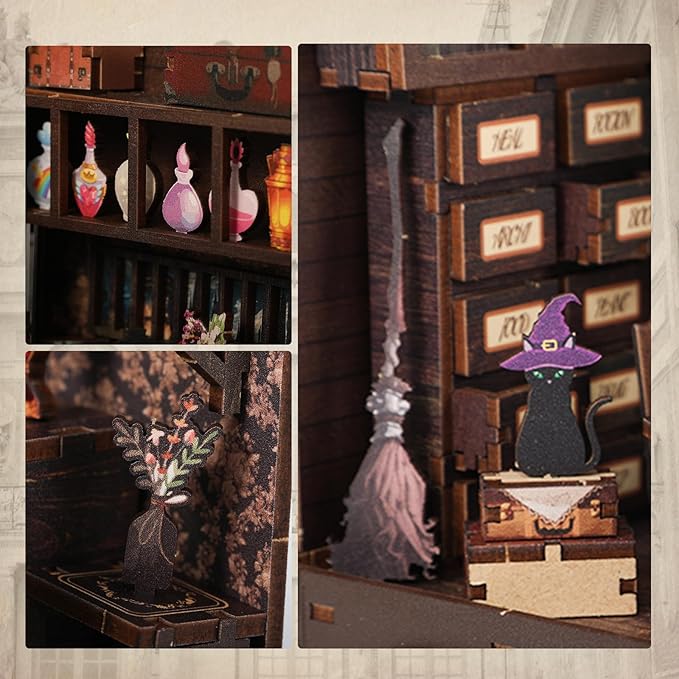 Book Nook Kit - DIY Enchanted Cottage Miniature House for Adults & Teens, 3D Wooden Puzzle Booknook with LED Lights, Bookshelf Insert Decor & Creative Model Building（Magic Bookstore）