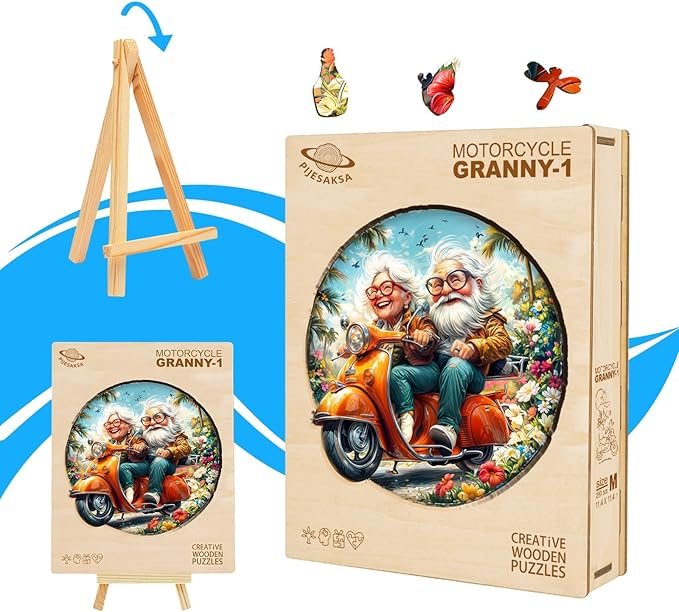 Wooden Puzzles for Adults, Motorcycle Granny Wooden Jigsaw Puzzle for Adults, Cool Wood Puzzles Adult, Unique Shape Puzzle for Seniors, Fun Gifts for Family & Couples (L-13.4 * 13.4in -270 Pieces)