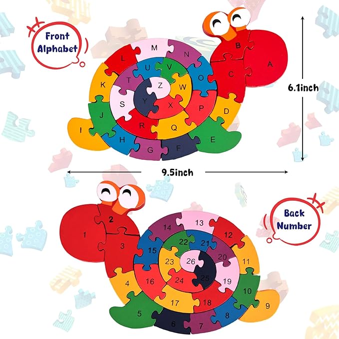 LovesTown Wooden Alphabet Snail Jigsaw Puzzles, Montessori Letters Numbers Building Blocks, Educational Learning Toys for Kids Preschool Activities