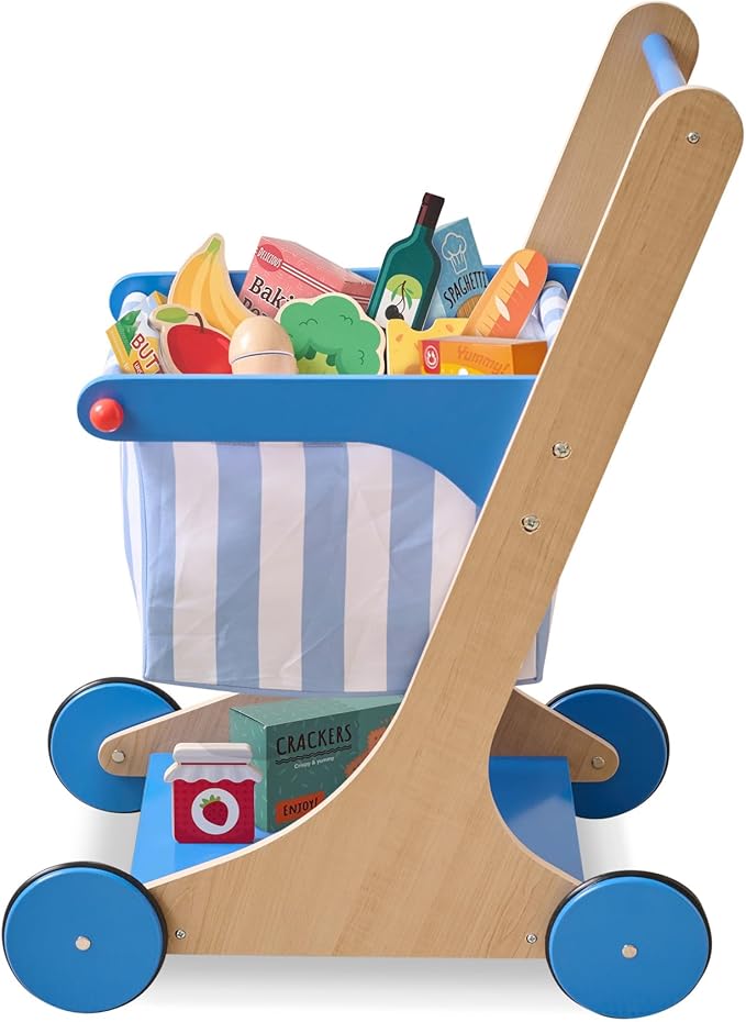 Teamson Kids Wooden Shopping Cart for Toddlers with 13 Pretend Grocery Accessories Push Walker Play Food Toy with Rolling Wheels Blue and White Striped Basket for Boys Girls Ages 3+ Safety Certified