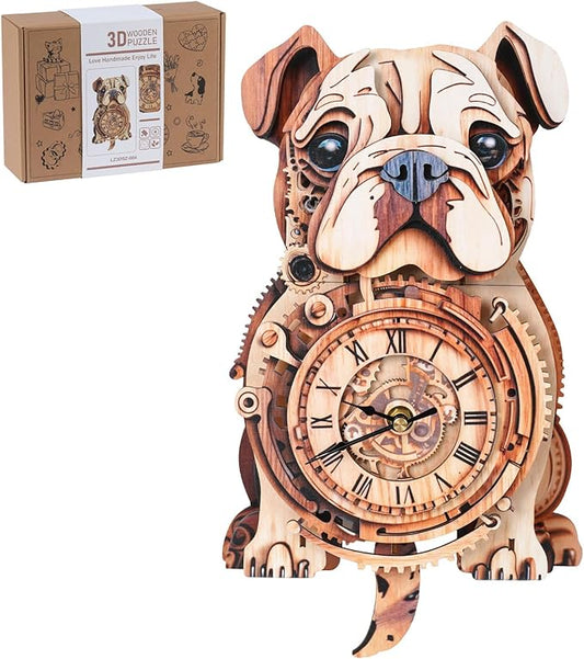 3D Wooden Puzzles for Adults, 3D Puzzles Bulldog Clock(with Pendulum) 32Pcs, Beginners Wooden Puzzle for Adults Teens Home Wall Decor Gift for Women Men