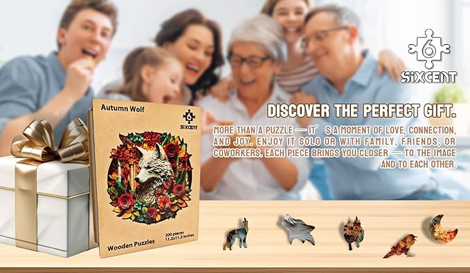 Wooden Jigsaw Puzzle, 200-500 Pieces Unique Shape Animal Puzzle, for Adults & Kids, Birthday Gift Family Game, Decorative Puzzle, Unique Gift (Autumn Wolf, 300 PCS)