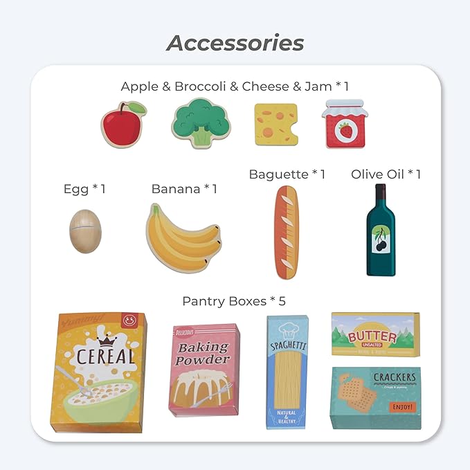 Teamson Kids Wooden Shopping Cart for Toddlers with 13 Pretend Grocery Accessories Push Walker Play Food Toy with Rolling Wheels Blue and White Striped Basket for Boys Girls Ages 3+ Safety Certified