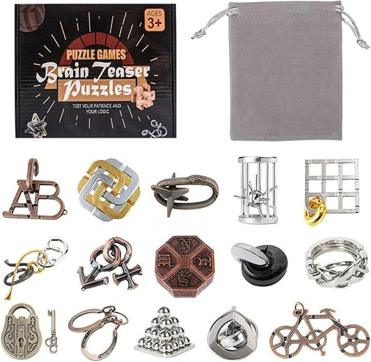 VolksRose 15pcs Brain Teaser Puzzles, Metal Wire Puzzles Set, Mind Smart Game IQ Challenge Puzzle Games, Educational IQ Test Unlock Interlocking Toy Lock Puzzles Gift for Adults Teenagers