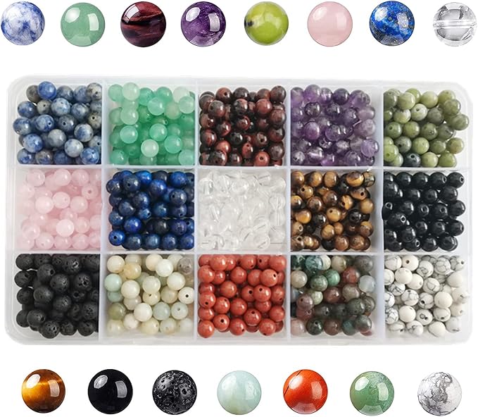 750pcs Real Natural Round Stone Beads Smooth Crystals Loose Gemstone Multi Color Mixed DIY for Jewelry Making Bracelet Necklace Earrings(6mm,15 Color Mix-S2)