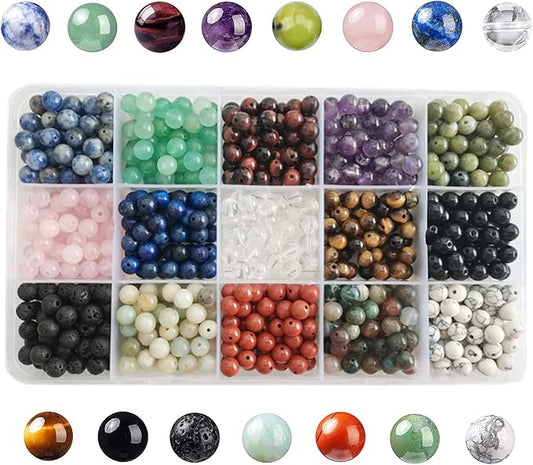 750pcs Real Natural Round Stone Beads Smooth Crystals Loose Gemstone Multi Color Mixed DIY for Jewelry Making Bracelet Necklace Earrings(6mm,15 Color Mix-S2)