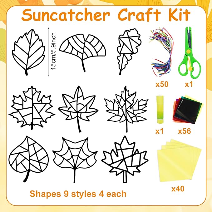 EggSun 36 Sets Fall Maple Leaf Suncatchers Craft Kit for Kids Ornaments Stained Glass Window Arts and Crafts Kit for Thanksgiving Classroom Holiday Projects Home Party Favors Decorations Ages 4 8 12