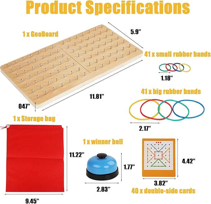 Montessori Geoboard with Rubber Bands | 2-Player Educational Board Game for Kids Ages 3-8 | STEM Math Manipulatives & Fine Motor Skills Toys | Sensory Learning Activity for Preschool, Kindergarten