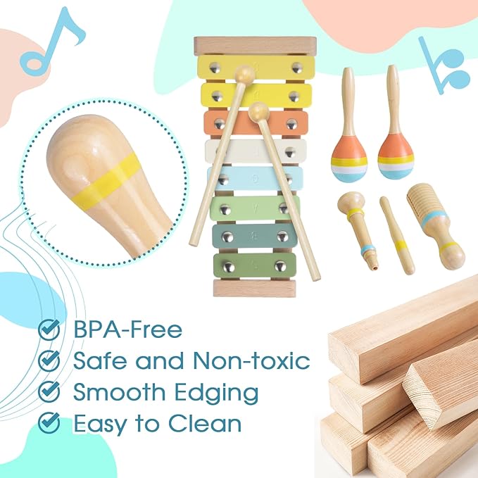 Toddler Musical Instruments Set, Wooden Montessori Toys for 1 2 3 Year Old Boys Girls, Baby Musical Toys with Storage Bag for Early Learning, Christmas Birthday Gift for Kids Preschool Educational