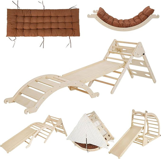 Foldable Toddler Climbing Toys Indoor Jungle Gym, Pikler Triangle Set with Cushion, Slide, Arch and Triangle Canvas, 8-in-1 Montessori Climbing Set(1.5-8yrs)