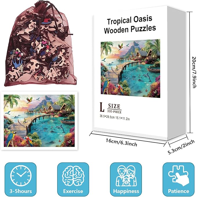 GLOBLELAND 300Pcs Tropical Oasis Wooden Jigsaw Puzzles for Adults 11.22x15.16inch Colorful Water City Wood Puzzles Holiday Birthday Gifts