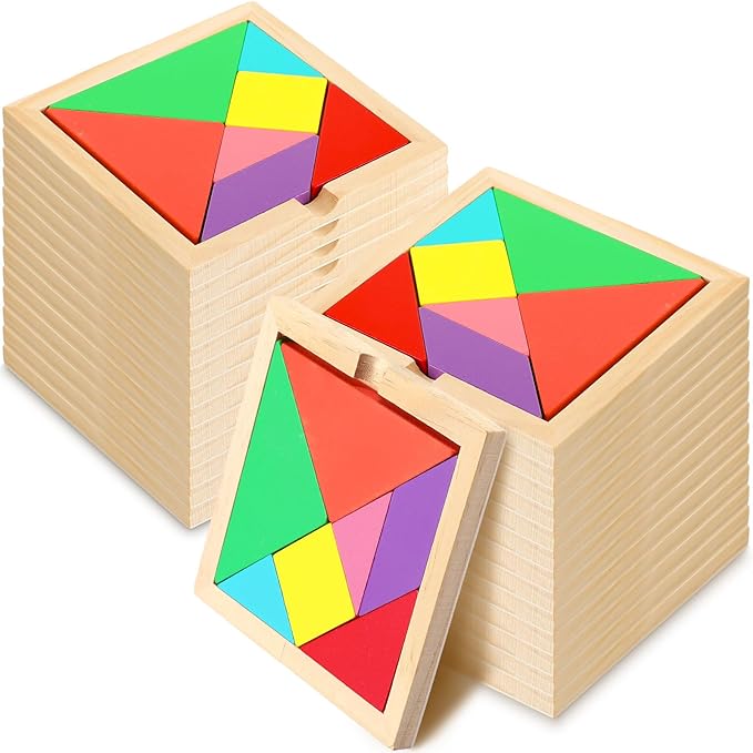 Syhood 24 Pieces Tangrams Puzzles for Students Party Favors Wooden Tangram Pattern Blocks Brain Logic Blocks for Manipulatives Games Educational Gifts and Party Favors(Bright)