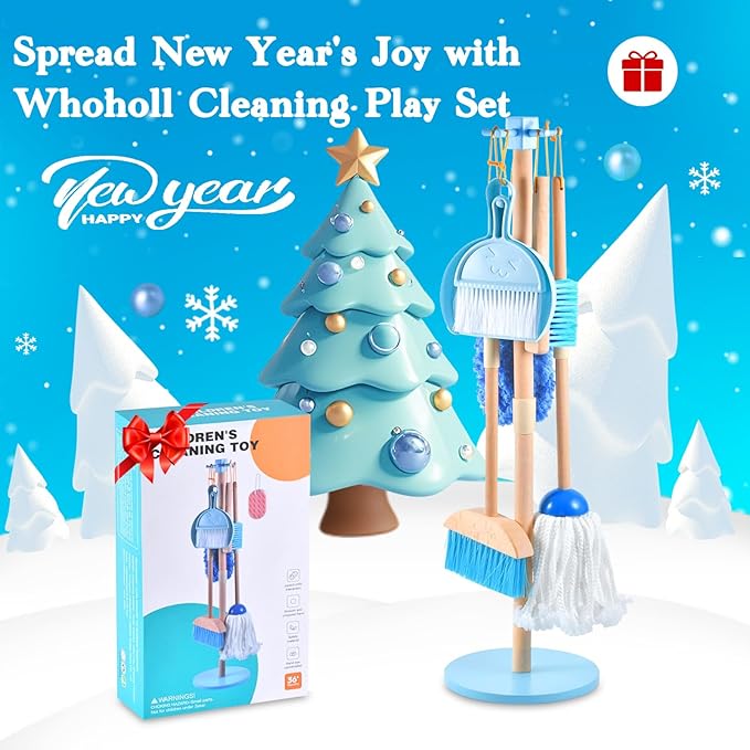 WHOHOLL Wooden Toddler Cleaning Set, Blue Toys Montessori Toys for 3+ Years Old Boy, Housekeeping Play Set Includes Broom Mop Duster Dustpan Sponge and Organizing Stand, STEM Skill Developmental Gift