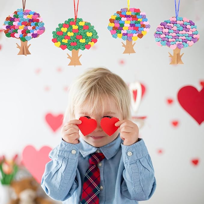 Fennoral 12 Pack Mother's Day Craft Kits for Kids - Heart Tree Foam Stickers DIY Arts and Crafts for Girls & Boys - Valentine Gifts, Decorations