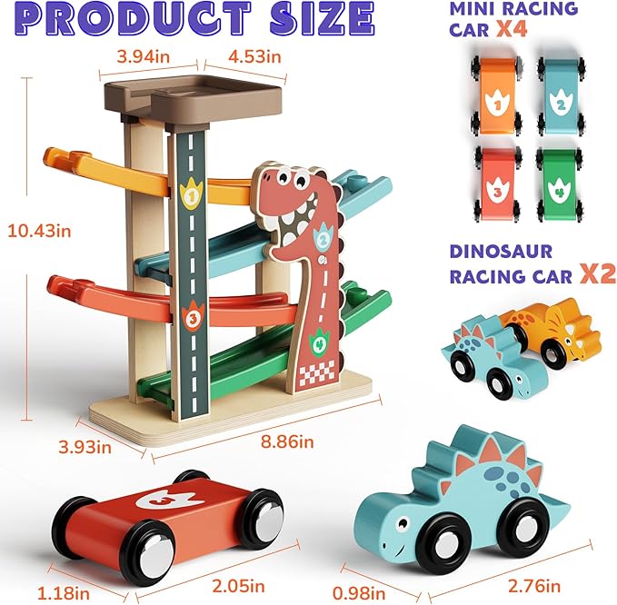 Montessori Toys for 1 Year Old, Car Ramp Track Toy for Toddlers 1-3, Wooden Toy Race Track with 4 Mini Cars, 2 Dinosaur Cars, 4 Ramps, Gift for Boys Girls Christmas Birthday