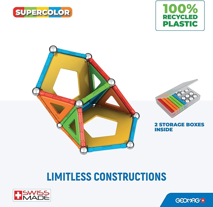 Geomag Magnetic Toys | Magnets for Kids | STEM-endorsed Educational Building Set | 100% Recycled Plastic Supercolor Panels | Storage Box | 52-Pieces | Age 5+