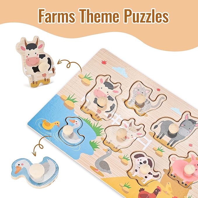Wooden Peg Puzzles for Toddlers 1-3, 2 Pcs Montessori Educational Learning Puzzle Toy Sets - Animal & Sea Themes Puzzles, Great Preschool Gifts for Girls and Boys (6.29 * 11.61in)